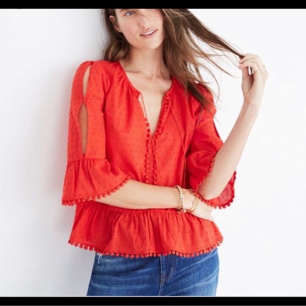 Madewell Peek a Boo Pom Pom Red Top Size XXS